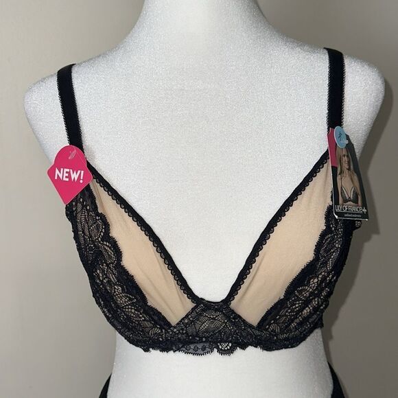 LILY OF FRANCE 36C Black Beige Unlined Lace Mesh Underwire Bra - Picture 2 of 11